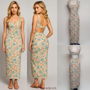 American Eagle 80s Vintage Red Blue Cabbage Rose Cut-Out Back Maxi Dress XL